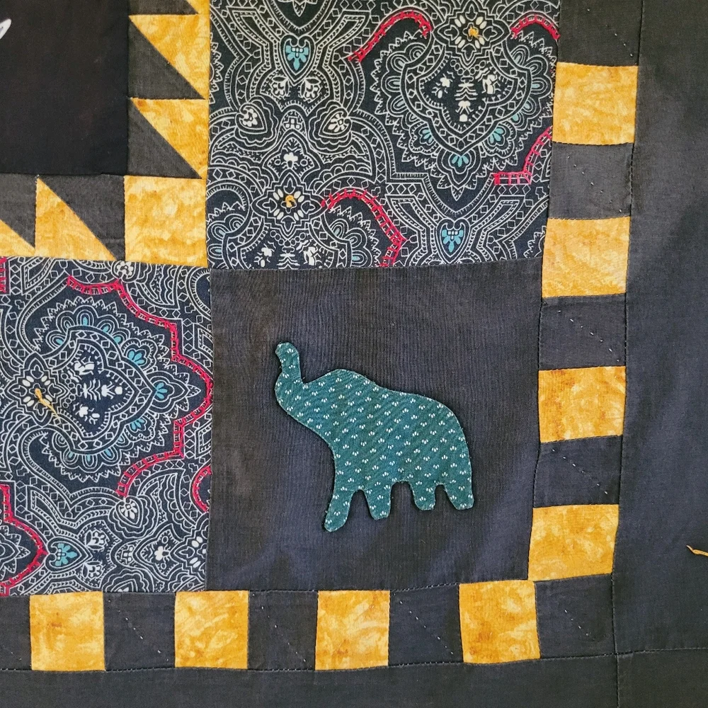 Handmade Original Summer Quilt Colorful Elephant Batik Embroidered 45x45